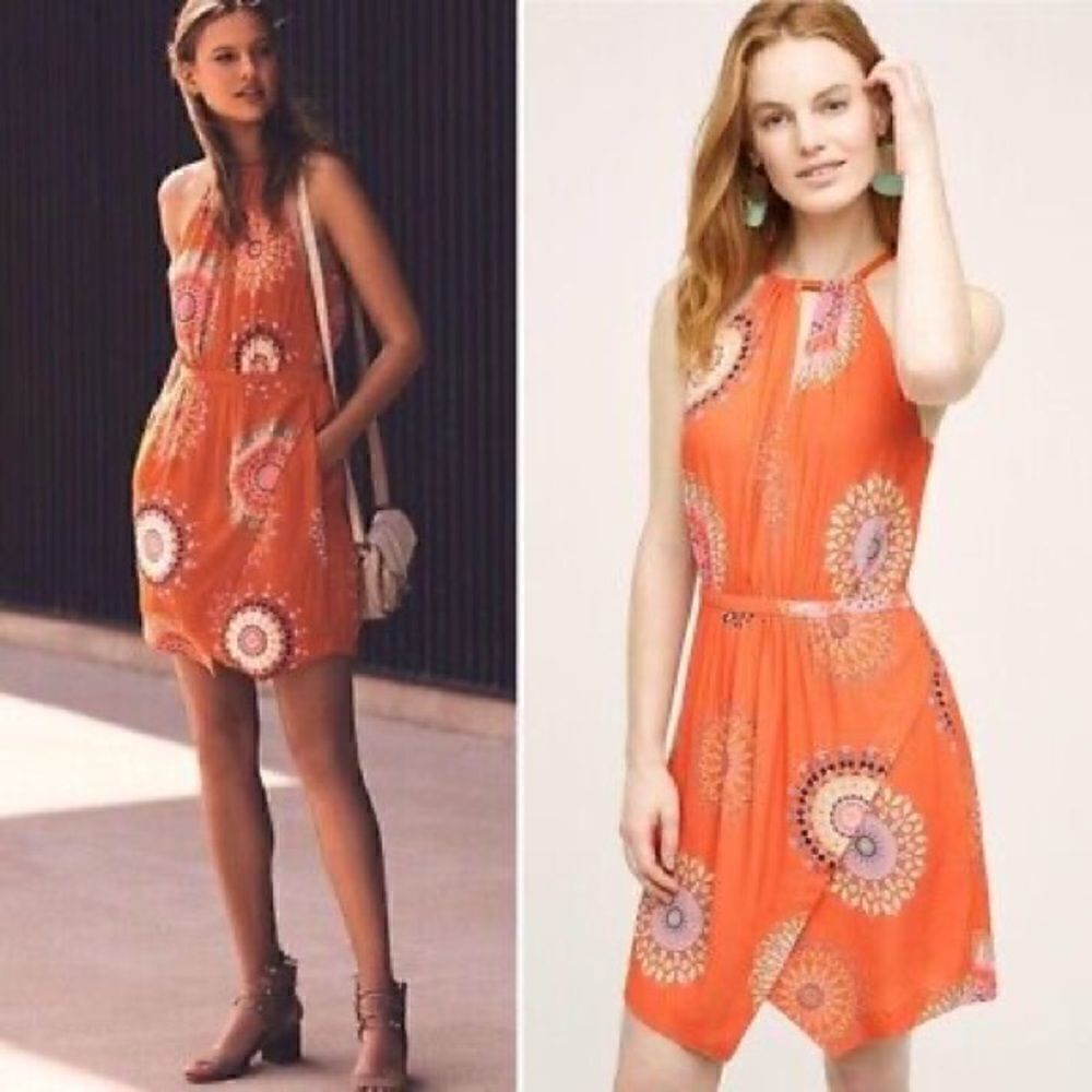 Anthropologie | Orange Floral Livia Halter Dress by Floreat | 6